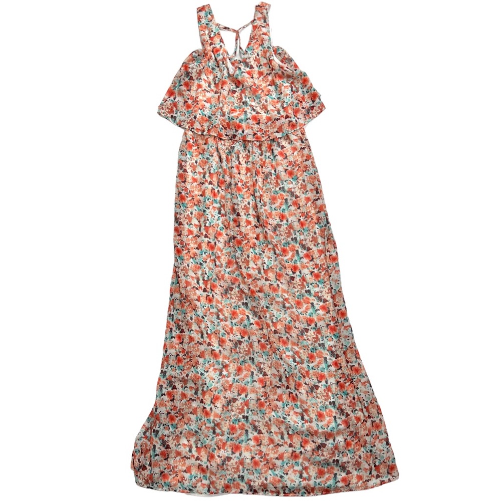 🖤 Lilly Rose Pink Popover Ruffle Crisscross Back Floral Sleeveless Maxi Dress